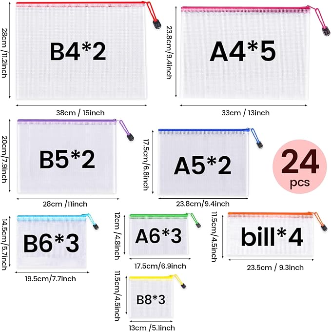 24pcs Mesh Zipper Pouch Bags - 8 Sizes Plastic Zipper Pouches for Organization, Mesh Bags with Zipper, Waterproof Clear Travel Pouches, UMETDO File Bag with Zipper for Office Supplies