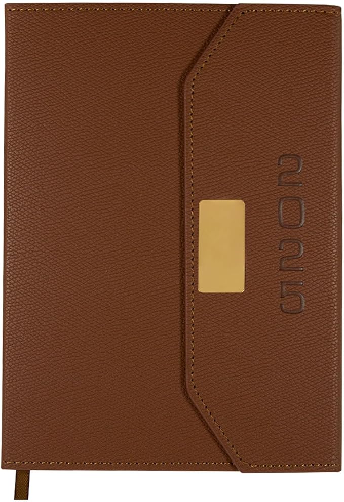 2025 Daily Monthly Planner - Calendar, January - December 2025, 100GSM Thick Paper, Leather Cover, Planner with Hourly Schedule,6.1" x 8.2", Daily Inside Page - Monthly Inside Page, Pen Holder, Bookmarks (Brown)