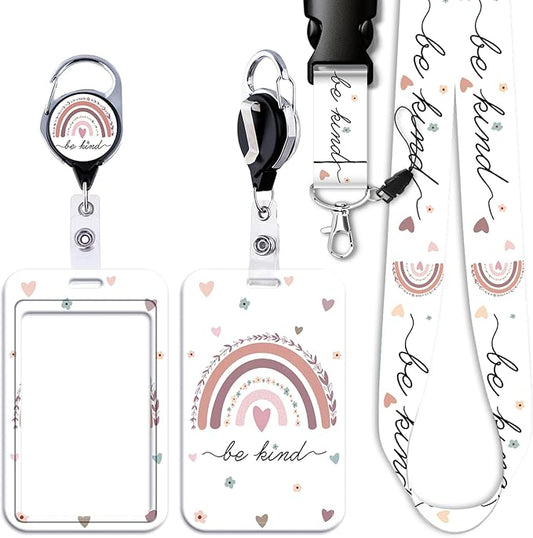 School Teachers Breakaway Lanyard for ID Badge Rainbow Badge Holder & Retractable Badge Reel Cute Boho Floral Key Lanyard for Women Girls Nurse Preppy Keychain Lanyard ID Holder(Be Kind)