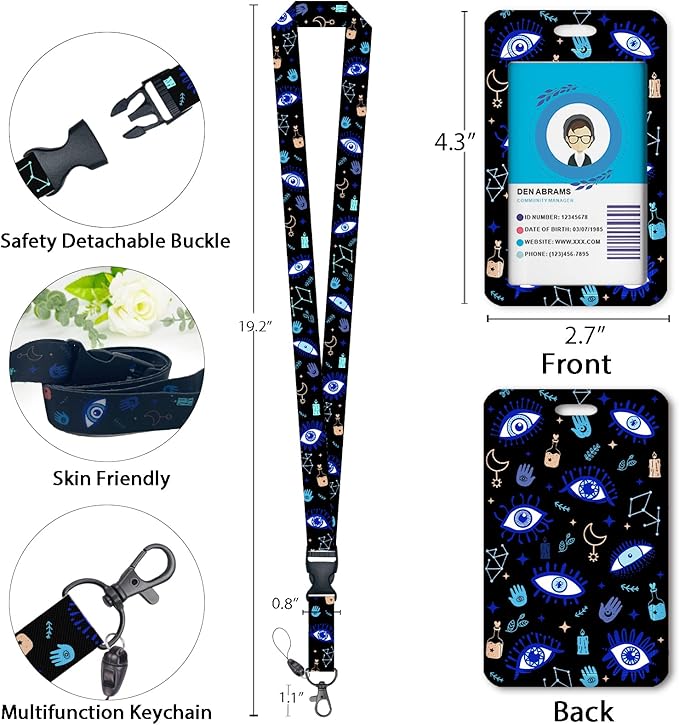 ID Badge Holder with Breakaway Lanyard, Retractable Badge Reel Heavy Duty, Cute Funny Evil Eye Lanyards for ID Badges Ajustable, Teacher Nurse Work Office Gifts
