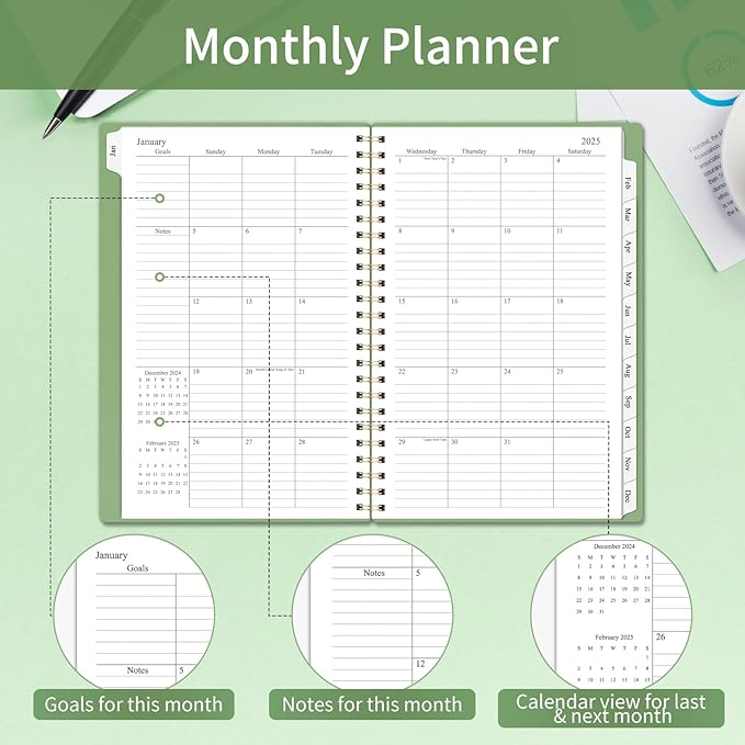 2025 Planner Weekly and Monthly, Calendar Planner with Monthly Tabs, 2025 Weekly Planner from Jan 2025 - Dec 2025, Weekly Monthly Planner with Spiral Binding- 6.3" X 8.5", Green