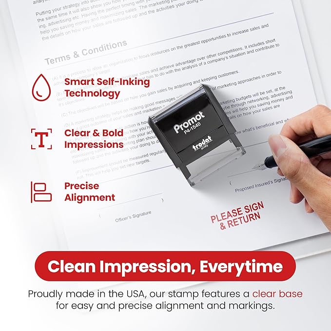 Promot Please Sign and Return Self Inking Rubber Stamp - Refillable Teacher Stamps - Business, Bookkeeping, Ordering, Accounting, Work, Bank, Office Stamper - Red Ink