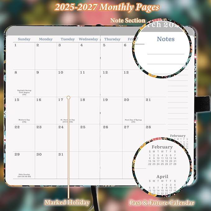 2025-2027 Pocket Planner/Calendar - Monthly Pocket Planner/Calendar with Pen Hold, Jan. 2025 - Dec. 2027, Inner Pocket and 63 Notes Pages, 6.6" x 3.7"