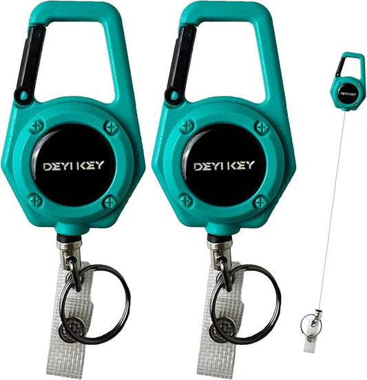 Retractable Keychain Heavy Duty, Multitool Carabiner Badge Holder, Retractable Keychain Clip Id Holder, Tactical ID Badge Reel with 29.5" Steel Retractable Cord, 2Pack Green