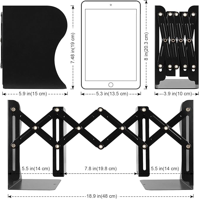 2PCS Adjustable Bookends, Metal Book Ends for Heavy Book, 2 Dividers, Nonslip Book Stander for Desk, Shelf, Office, Stationery Gift, Extends up to 19 inches (Black)