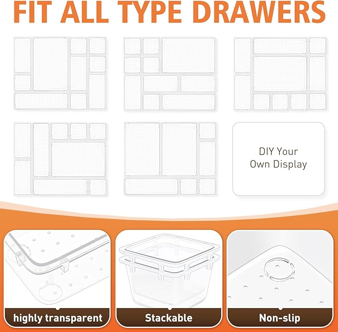 63 PCS Clear Plastic Drawer Organizers Set, 4-Size Versatile Bathroom and Vanity Organizer Trays, Non-Slip Storage Containers for Makeup, Jewelries, Bedroom，Kitchen Utensils and Office