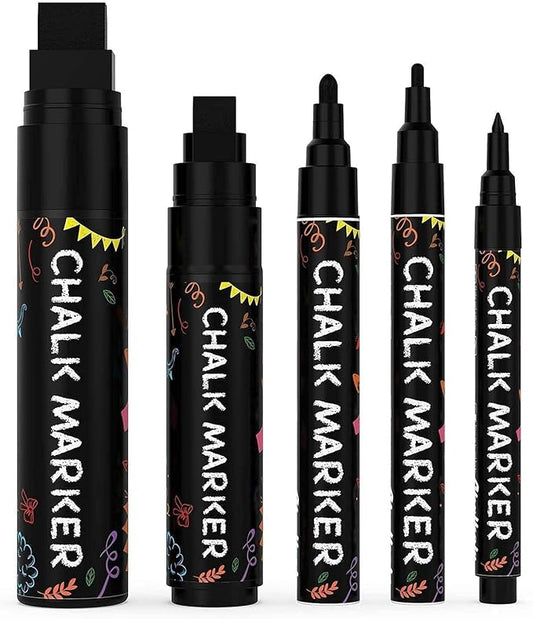 5 Black Chalkboard Chalk Markers - Black Dry Erase Markers for Blackboard, Chalkboard Signs, Windows, Glass | Variety Pack - Fine & Jumbo Size Ink Pen (1mm, 3mm, 6mm, 10mm, 15mm)