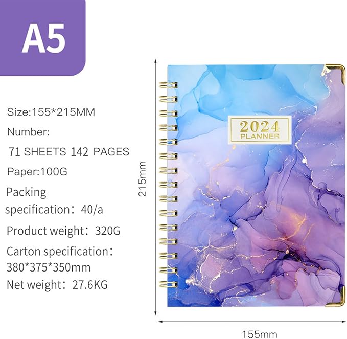 2024 Planner, Weekly and Monthly Planner Spiral Bound, Runs from January 2024 to December 2024, A5, Weekly and Monthly Planner Spiral Bound, Runs from Januaryto December 2024, A5 (Purple)
