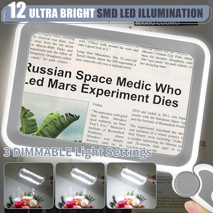 Magnifying Glass with Light, Rechargeable 5X Large Page Magnifier for Reading, Folding Handheld Dimmable, LED Lighted Rectangle Magnifier for Reading Book Small Print for Seniors Low Vision