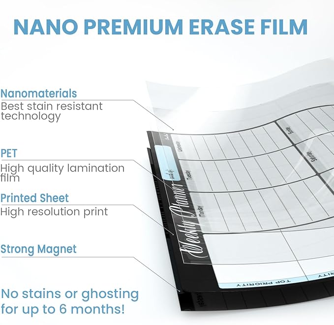 Magnetic Dry Erase Weekly Calendar - 8.5"x13" Weekly Calendar for Fridge - 6.5"x8.5" List Board and 6 Extra Fine Point Markers Included - Shipped Flat