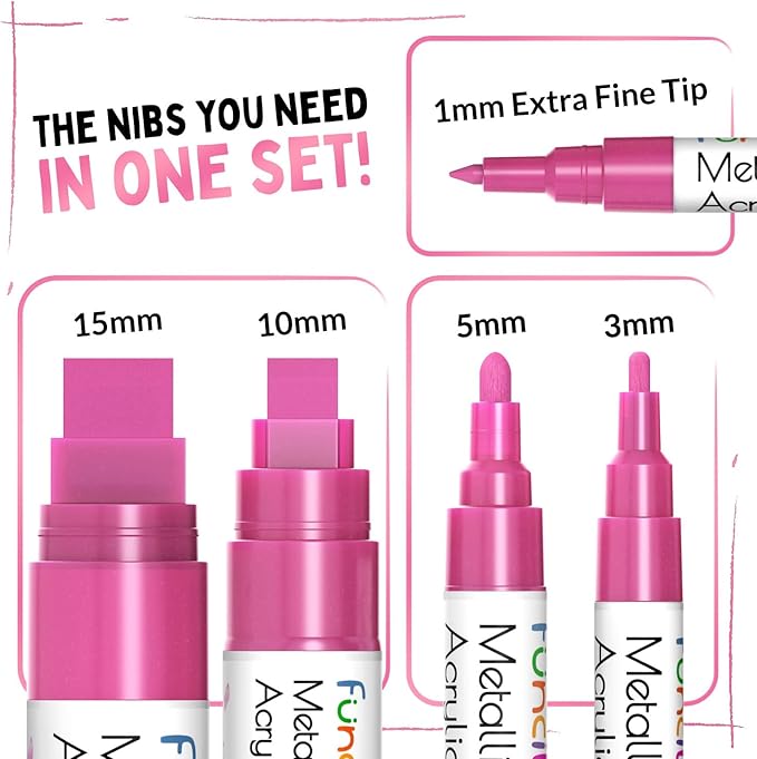 5 Acrylic Metallic Pink Paint Pen - Extra Fine Tip, Thin & Jumbo (1mm, 3mm, 6mm, 10mm, 15mm) - Paint Markers for Metal, Rocks, Plastic, Canvas, Wood, Fabric, Tire, Glass. Pink Permanent Marker