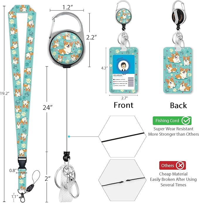 Giancomics Cute Corgi Lanyards for Id Badges, ID Badge Holder with Lanyard Badge Reel Retractable, Teacher Lanyard with ID Holder Keychain Clip Name Tag ID Card Holder for Women Gift