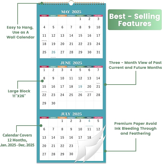 2025 Wall Calendar - 3 Month Wall Calendar 2025, Jan 2025 - Dec 2025, 11.25" x 26", 3 Month Calendar 2025, 3 Month Vertical Calendar with Thick Paper - Morandi
