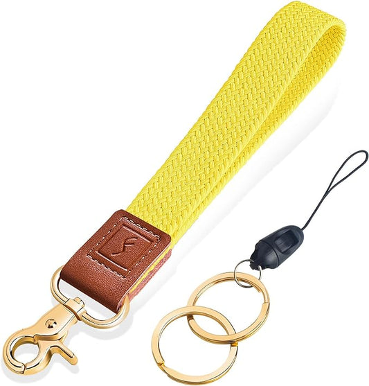 Fishent Stretchy Wristlet Keychain,Braided Cute Wrist Lanyards for Keys, Key Chain Holder for Women Men, Wrist Strap Keychain for Car Keys Phone Camera Wallet ID Badges Card (Yellow)