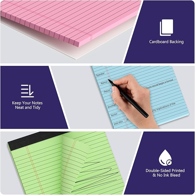 4 Pack Legal Pads 8.5 x 11 Legal Pads 8.5 x 11 Wide Ruled Notepads Colored Note Pads 8.5 x 11 Perforated Legal Notepads 80GSM Legal Pad 30 Sheets Writing Pads for School, College, Office