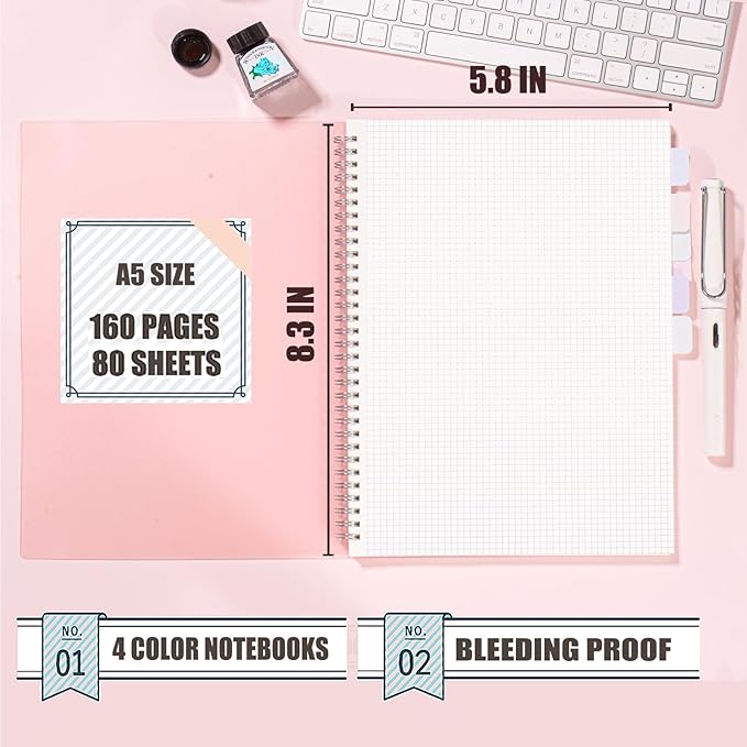 4 Pack Graph Notebook, 5.9 x 8.3 Inches Spiral Notebooks for Work, School and Journal with 110 GSM Graph Paper, Small Notebook with 80 Sheets/160 Pages, Hardcover Grid Paper Notebook