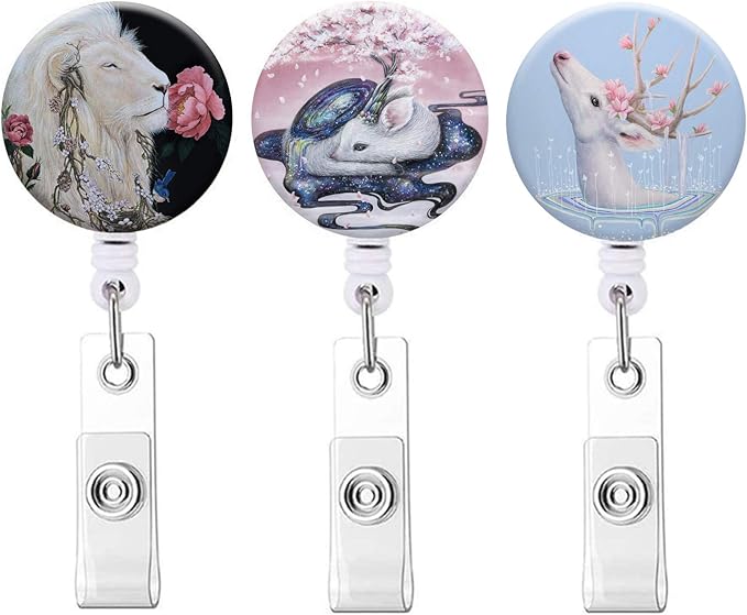 Retractable ID Badge Holder Nurse Badge Reels with Clip Name Card Holders for Office Worker Doctor Nurse (3pack Lion Rabbit Deer)