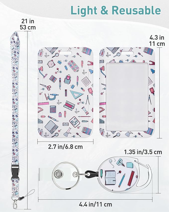 Uniclife Fashionable Sliding Badge Holder Stationery Pattern Plastic Case with Retractable Badge Reel Carabiner Clip & Detachable Lanyard Strap Vertical Card Protector for Women Nurse Teacher Student
