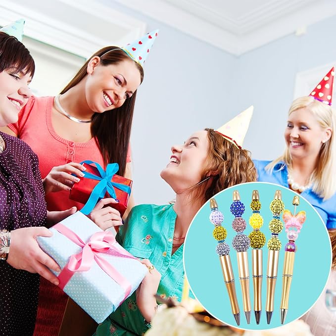 15 Pieces Beadable Pens - Beaded Pens Plastic Diy Black Ink Ballpoint Pens Bulk - Bead Pens Suitable For Teacher, Students, Office, School, Graduation Gift Supplies（Golden）