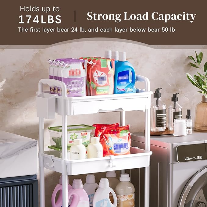 4 Tier Rolling Utility Cart with Drawer, Utility Storage Organizer with Plastic Shelf & Lockable Wheels Multifunctional Storage Cart for Kitchen, Bathroom, Office, Living Room, White