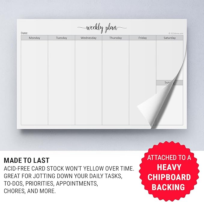 321Done Weekly Planning Notepad Landscape - 50 Sheets (8.5" x 5.5") - Horizontal Weekly Days of Week Paper Note Pad, Planner Organizing - Made in USA - Simple Script