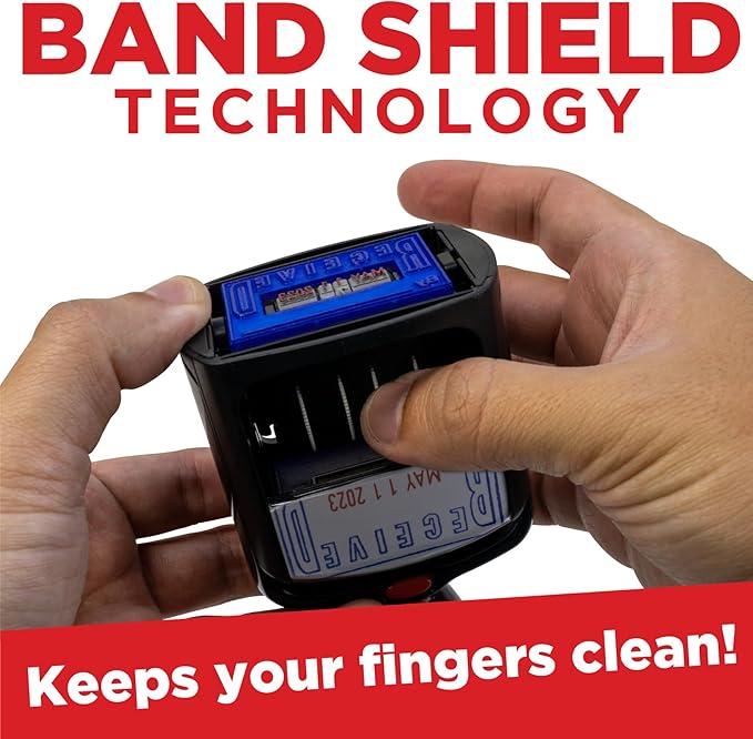 Self-Inking Rubber Date Office Stamp with Scanned Phrase - Blue Ink & Date Red Ink - 12-Year Band