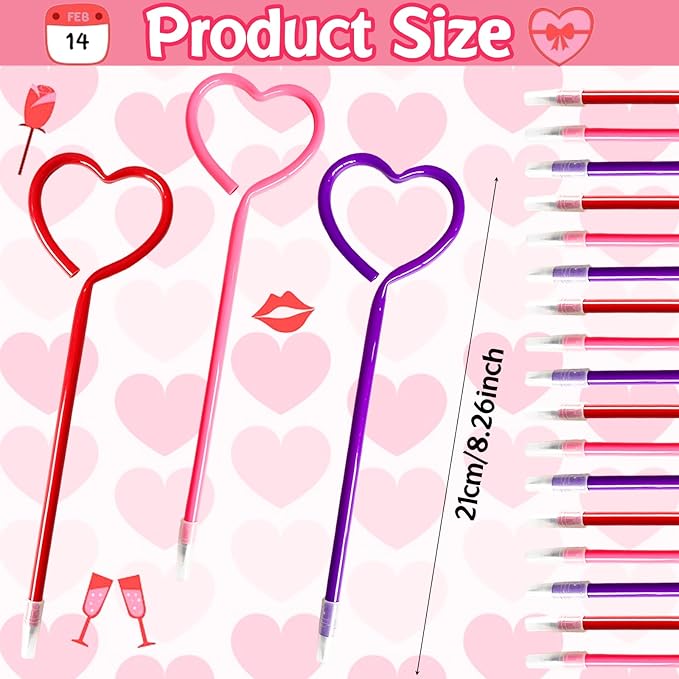48 Pcs Valentines Day Pens,Heart Shape Pens,Rollerball Pens,Red Pink and Purple Ballpoint Pen for Valentines Party Favor,Boys and Girls,School Office Supplies