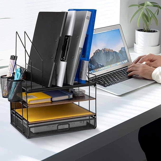 4 Tier Desk Organizers and Accessories, Paper Letter Tray Organizer,Vintage Wood Desk File Organizer with 5 Vertical File Holders and 2 Pen Holders for School Home Office Supplies