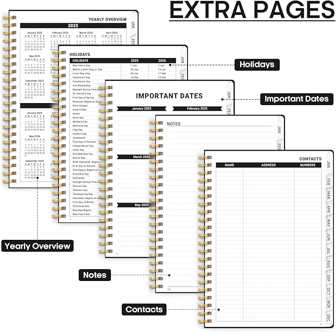 2025 Planner - Weekly and Monthly Planner Spiral Bound, January 2025 - December 2025, Hardcover 2025 Calendar Planner Book with Tabs, Inner Pocket, Perfect for Office Home School Supplies - A5 (6.3" x 8.5"), Black