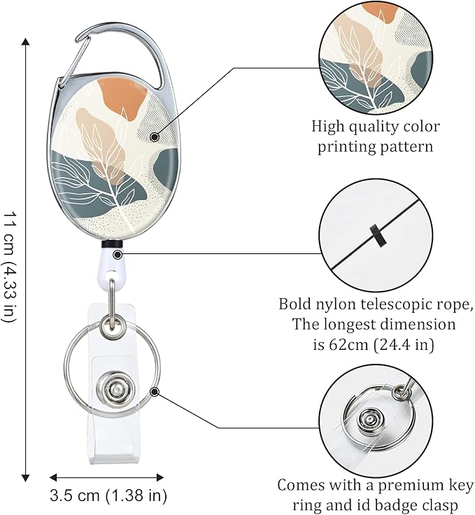 Badge Reels Retractable，Double Sided Color Print Pattern Retractable Badge Holders，with Retractable Keychain, Badge Clip and Key Ring，Durable Nylon Retractable Rope，Bohemian Leaf