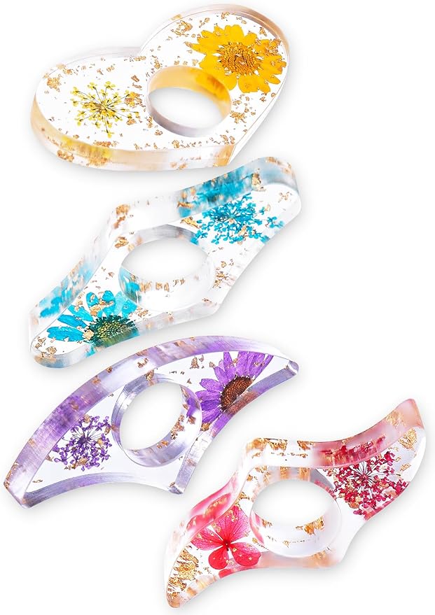 4 Pieces Dried Flower Resin Book Page Holder Transparent Thumb Ring Page Holder Handmade Personalized Flower Resin Bookmark Reading Accessories Gift for Teachers Book Lovers (Colorful B)