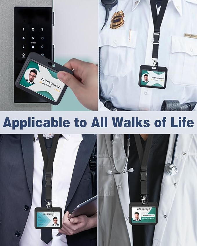 Uniclife 3 Pack Sliding Badge Holder Hard Black Horizontal Plastic Card Case Protector with Lanyard Strap Metal Buckle and Clip for Office School ID Credit Key Card Driver’s License and Pass