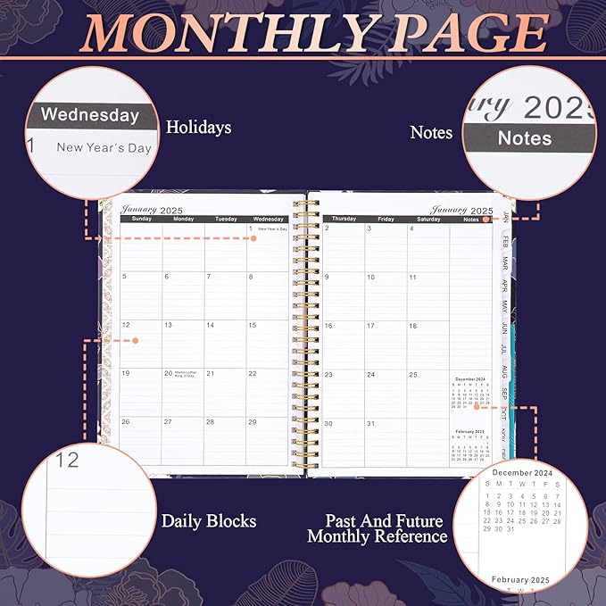 2025 Planner - 2025 Planner Weekly and Monthly, Jan.2025 - Dec.2025, Hardcover 2025 Planner Monthly with Tabs, 6.2" x 8.5", Strong Twin-Wire, Back Pocket