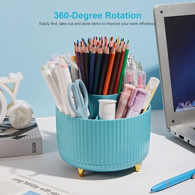 360 Degree Rotation Pen Holder, 5 Slots Office Desk Pen Organizer Multi-Functional Pencil Cup Makeup Brush Holder Office Business Card Pen Pencil Stationery Holder Storage Box Blue