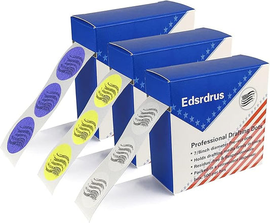 3 Pack Drafting Dots 7/8” Diameter, Low Tack, Easy Removal, Pre-Cut Drafting Tape Dots for Tracing, Drawing, Positioning, Roll of 500 Dots Per Box (Multicolored)