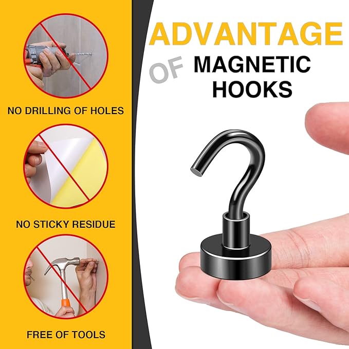 DIYMAG Magnetic Hooks for Refrigerator, Extra Strong Cruise Hook, 30Lbs Heavy Duty Earth Magnets with Hook for Hanging, Magnetic Hanger for Cabins, Grill (60P-Black)
