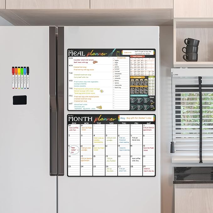 Magnetic Dry Erase Monthly Calendar And Menu Board - 17"x12" Monthly Planner and Meal Planning Board for Fridge - 6 Extra Fine Point Markers Included - Shipped Flat