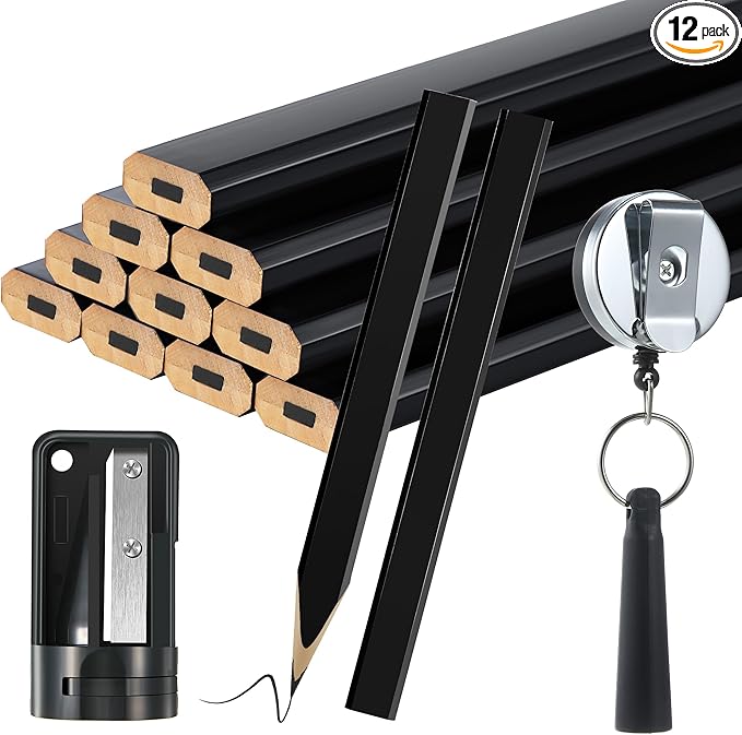 14 Pcs Carpenter Pencils, 7 Inches Flat Octagonal Hard Black Woodworking Construction Pencils Heavy Duty with Pencil Sharpener and Retractable Pencil Holder for Contractor Carpentry (Black)