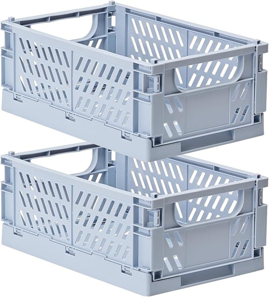 2-Pack Small Pastel Plastic Storage Baskets, Collapsible Crates for Organizing, Space-Saving Mini Bins for Classroom, Kitchen, Office, Bedroom (Blue, 9.8" x 6.5" x 3.8")