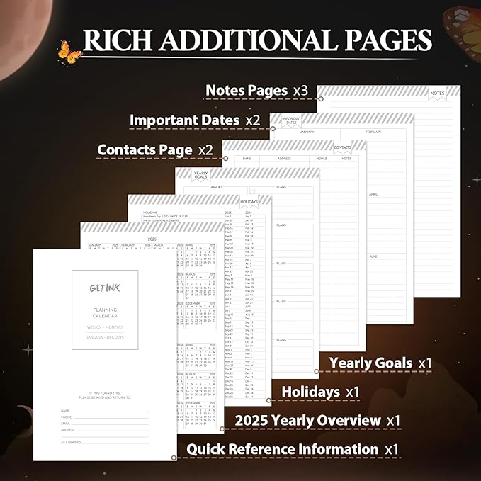 2025 Planner Weekly & Monthly Agenda Book, Daily Planner Hardcover, 2025 To Do List Notebook with Monthly Tabs, Pocket, Spiral Bound, Elastic Closure, Thick Paper(7.5 * 10.2) Butterfly