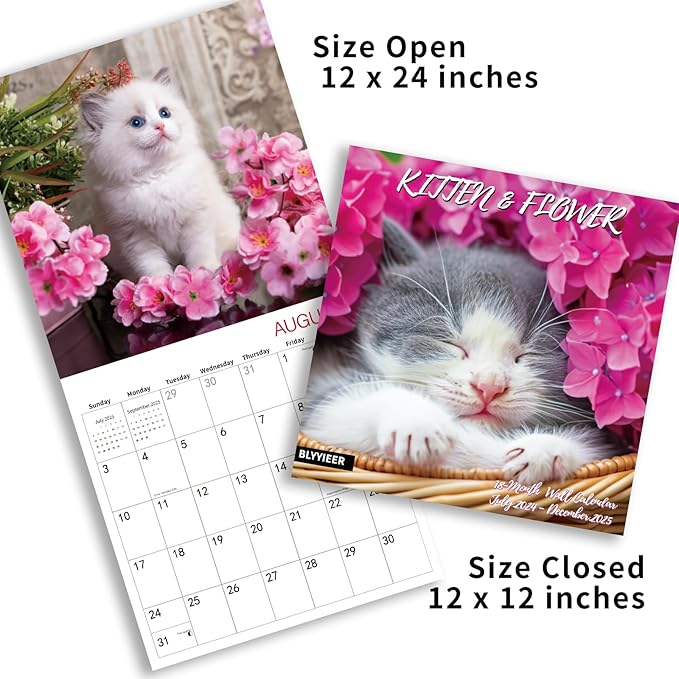 2025 Wall Calendar,Calendar 2025,Kittens Monthly Wall Calendar, 12" x 24" Open,Family Planner Calendar Jul.2024 - Dec.2025 Organizer with Cute kitten & flower Images, for Kitty Cat Lovers