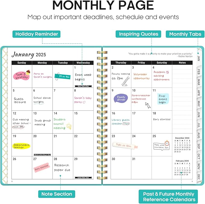 2025 Planner - Weekly and Monthly Planner Spiral Bound, January 2025 - December 2025, Hardcover 2025 Calendar Planner Book with Tabs, Inner Pocket, Perfect for Office Home School Supplies - A4 (8.5" x 11"), Aquamarine