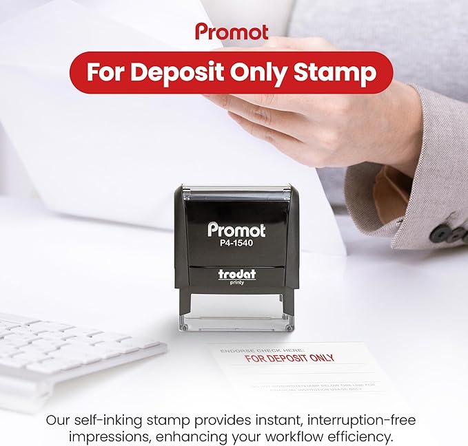 Promot for Deposit Only Self Inking Rubber Stamp - Refillable Office Stamps - Business, Bookkeeping, Ordering, Accounting, Work, Bank, Deposit Stamper - Red Ink