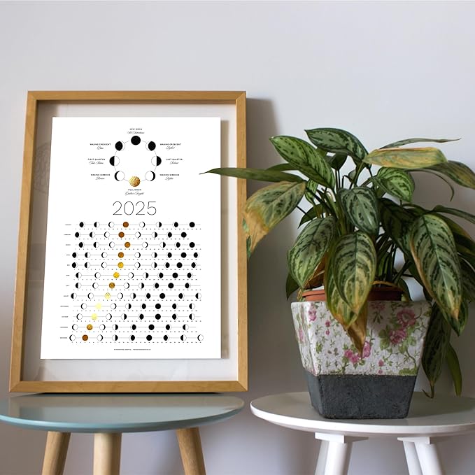 2025 Moon Phase Calendar (SHIPS FLAT) - Hangable Gold Lunar Wall Poster - Great as a Unique Gift, Moon Tracking, Wall Décor & Art, Astrology Decorations - A Celestial Calendar - by Thankful Greetings