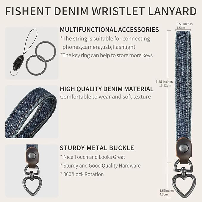 Fishent Denim Wristlet Keychain for Women Men, Cute Key Chain, Wrist Lanyards for Car Keys ID Badge Wallet Card Holder