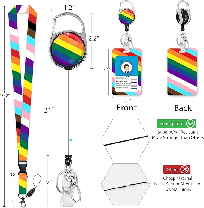 ID Badge Holder with Breakaway Lanyard, Retractable Badge Reel Heavy Duty, Lanyards for ID Badges Ajustable, Rainbow Flag