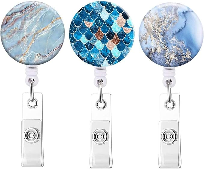 Retractable ID Badge Holder Nurse Badge Reels with Clip Name Card Holders for Office Worker Doctor Nurse (Marble Blue 3-3)