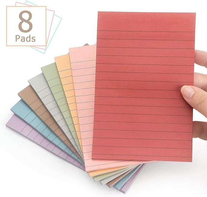 4x6 Inch Lined Sticky Notes, 8 Pack, Vintage Colors, Premium Self-Adhesive Notepads, Large Sticky Pads for Office, School & Home Use, Easy to Use, Reusable & Removable