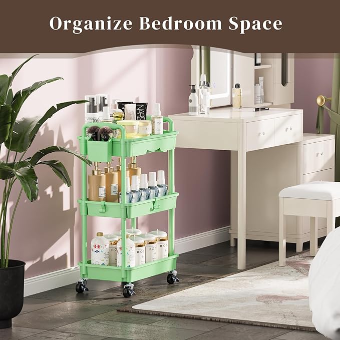 3 Tier Rolling Utility Cart with Drawer, Utility Storage Organizer with Plastic Shelf & Lockable Wheels Multifunctional Storage Cart for Kitchen, Bathroom, Office, Living Room, Green