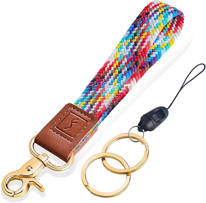 Fishent Stretchy Wristlet Keychain,Braided Cute Wrist Lanyards for Keys, Key Chain Holder for Women Men, Wrist Strap Keychain for Car Keys Phone Camera Wallet ID Badges Card (Rainbow)